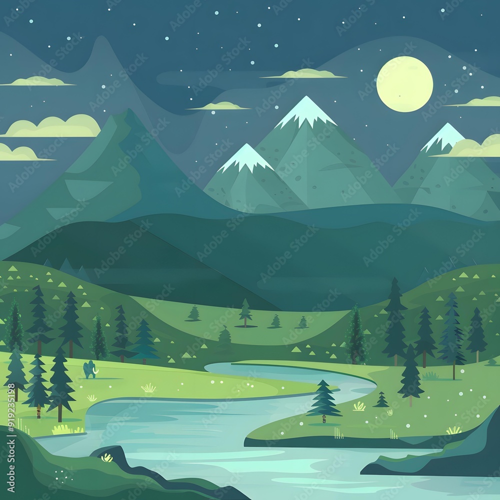 Fototapeta premium Night Mountain Landscape with River and Full Moon