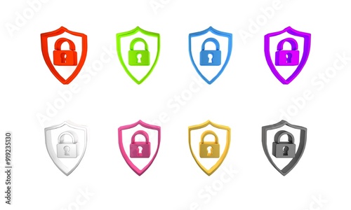 Colorful Shield security with lock icon isolated on white background. Protection, safety, password security. Firewall access privacy sign. Minimalism concept. 3D render illustration