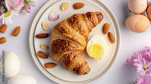 Breakfast Essentials Flat Lay with Croissant, Almonds, and Eggs on White Plate