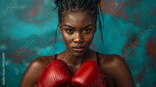 Confident female boxer posing with red gloves in an artistic backdrop photo