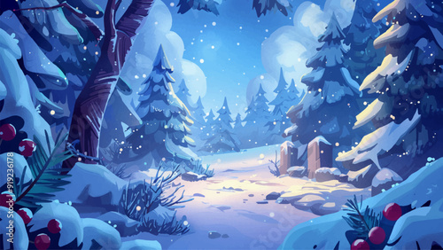 Snowy Forest Christmas Background Cartoon Illustration Winter Wonderland Festive Scene Pine Trees Snowflakes Holiday Atmosphere Cheerful Colors Whimsical Design Merry Christmas