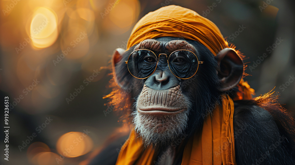 a picture of a chimpanzee wearing a yellow scarf and glasses. a picture of a chimpanzee wearing a yellow scarf and glasses.