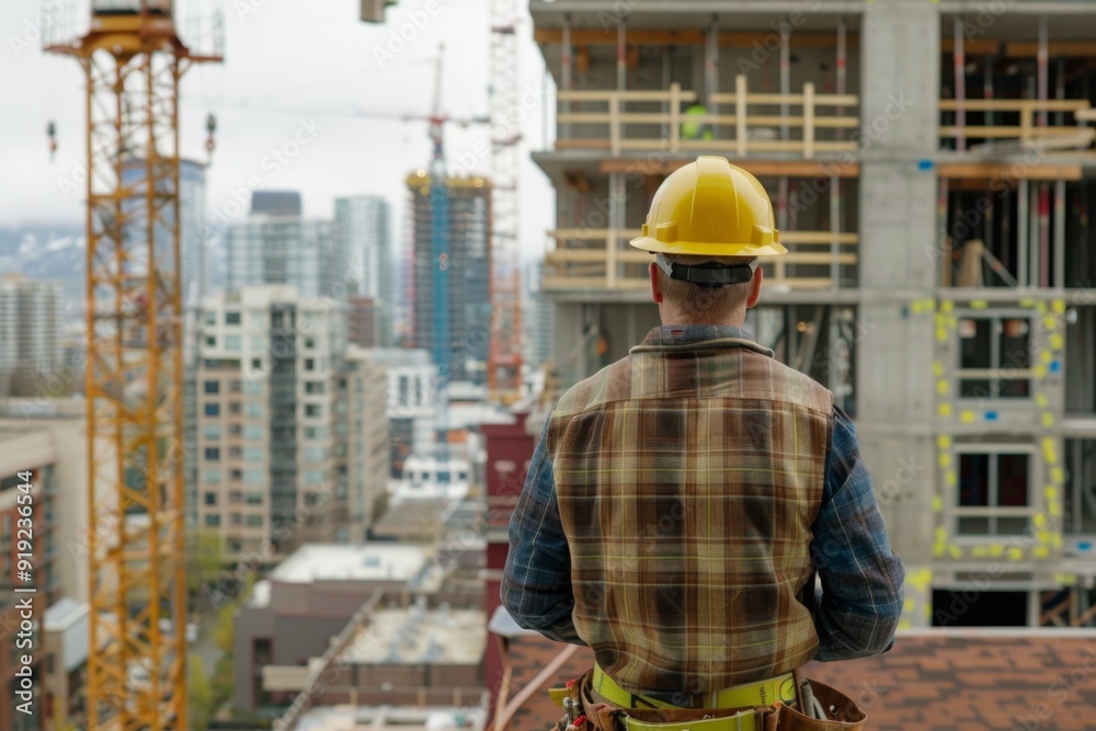Construction worker on a building site overlooking the cityscape. Urban development scene with cranes and buildings. Modern city expansion and construction progress. Generative AI Construction worker on a building site overlooking the cityscape. Urban development scene with cranes and buildings. Modern city expansion and construction progress. Generative AI