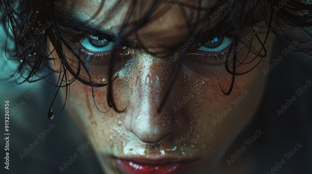 Young man with striking blue eyes and wet hair stares intensely in a close-up shot outdoors Young man with striking blue eyes and wet hair stares intensely in a close-up shot outdoors