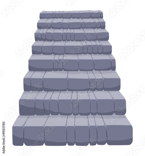 Game castle stairs in cartoon style. Medieval ancient ladder flights without railings, marble step treads or rock risers with cracked details. Vector staircase isolated on white background