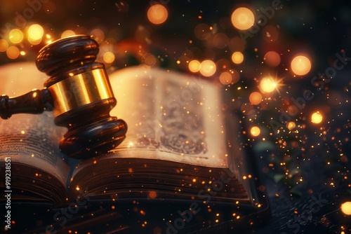 Law book with wooden gavel against a backdrop of bright, golden bokeh lights. The style is warm, glowing, and inviting. Suitable for legal concepts and justice themes. Generative AI