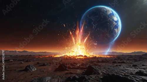 3D illustration of a meteorite shower near a burning planet. photo