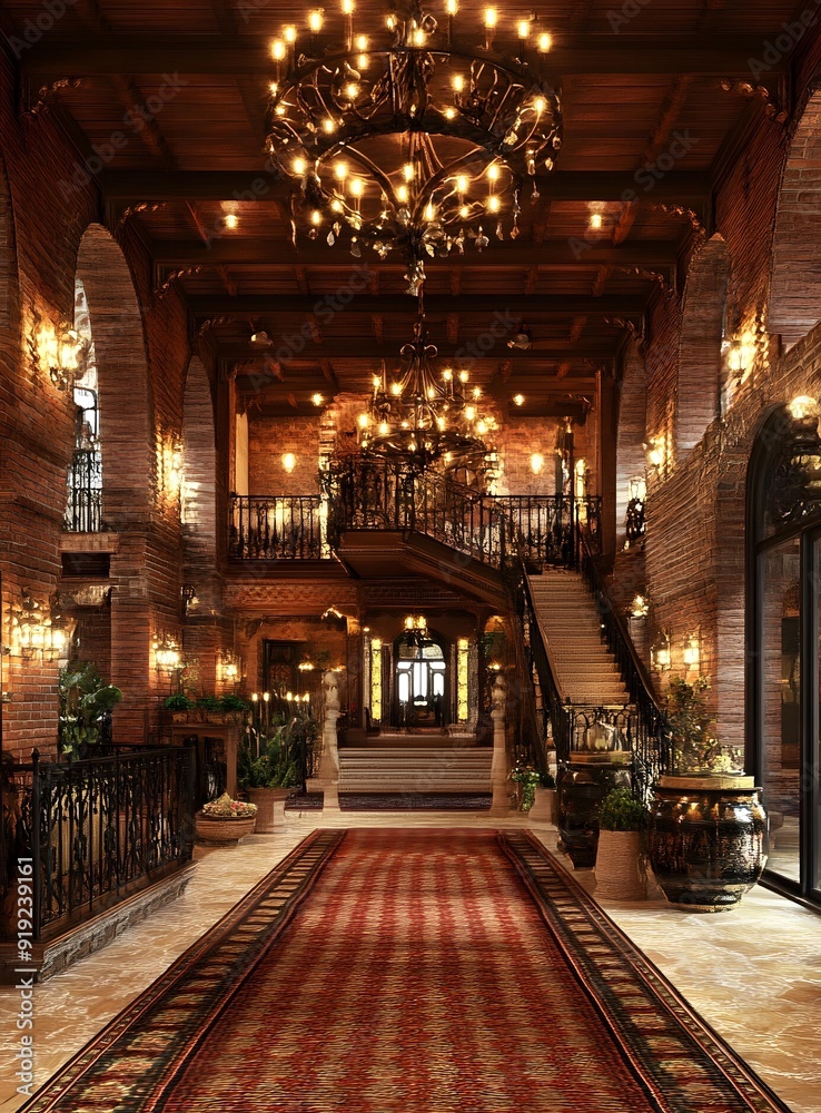 Obraz premium Luxury Home Interior with Grand Staircase and Chandeliers