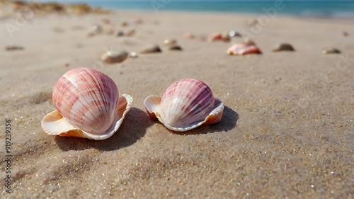 Unique pink seashells by the sea, sea shells view on sands of beach, seaside shores