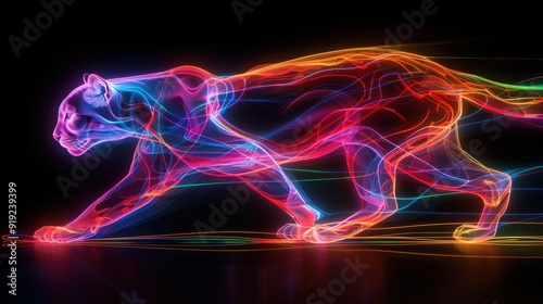 Futuristic Neon Electric Puma in Dynamic Leap - Digital Artwork with Vibrant Energy