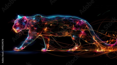 Neon Electric Jaguarundi - Dynamic Digital Artwork of Glowing Feline in Vibrant Neon Colors photo