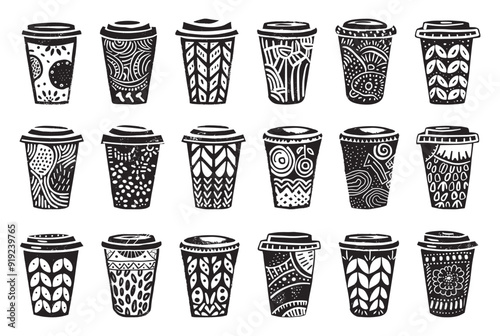 Takeaway Paper Cups Linocut Print Style Icons Set Disposable Drink Containers Neat Thick Strokes Detailed Cup Designs Black on White Background Beverage Icons