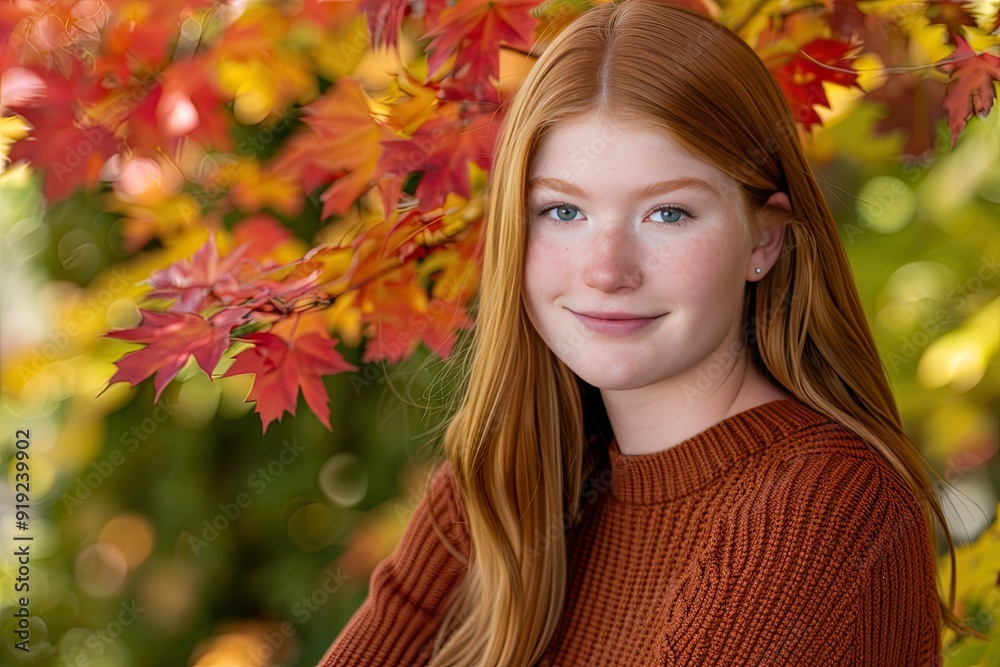 A young woman in a cozy autumn sweater surrounded by colorful leaves in a park A young woman in a cozy autumn sweater surrounded by colorful leaves in a park