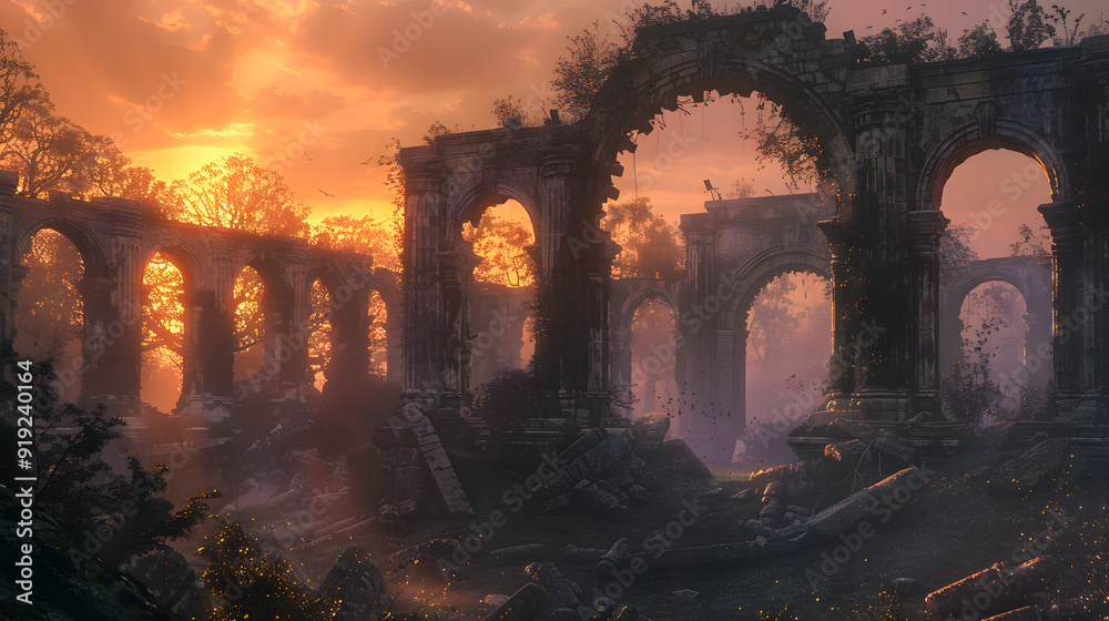 Naklejka premium Fantastic ruins in another world, at evening.