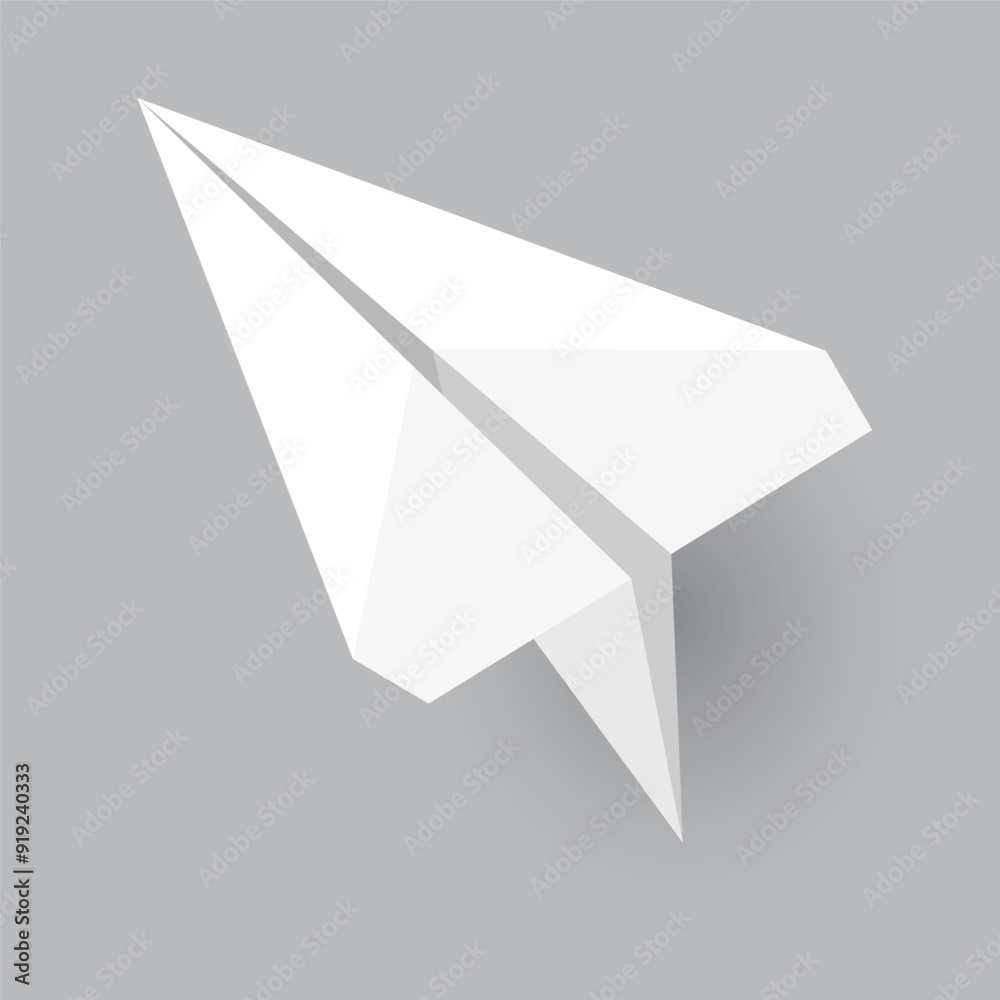 Fototapeta premium Paper plane model. Origami handmade aircraft view. Vector white paper airplane with shadow, isolated on gray background