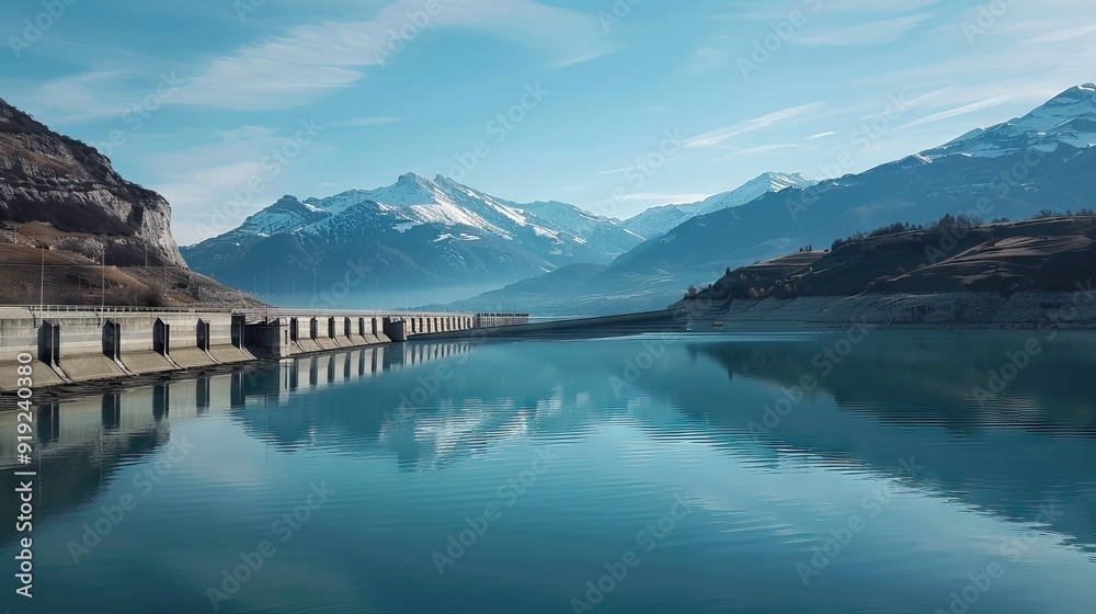Fototapeta premium A serene lake behind a hydroelectric dam. AI generated illustration