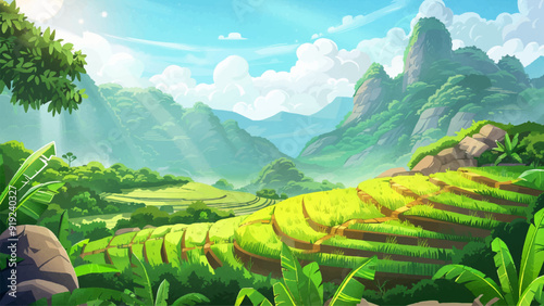 Terraced Rice Paddies Cartoon Illustration Lush Green Fields Agricultural Landscape Layered Rice Terraces Scenic View Cultivated Landscape Farming Environment Vibrant Countryside
