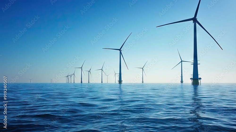 wind turbines in the sea with moon in the background. AI generated illustration wind turbines in the sea with moon in the background. AI generated illustration