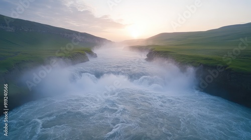 A large body of water with a misty, foggy atmosphere