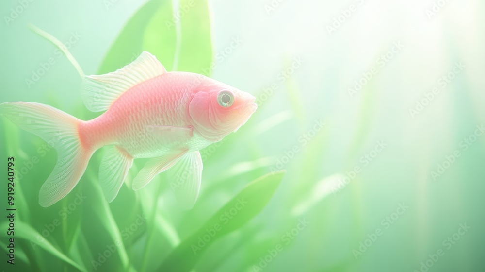 A pink fish is swimming in a green pond A pink fish is swimming in a green pond