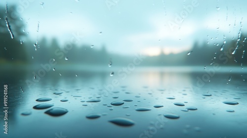 A blurry image of a lake with raindrops on the surface