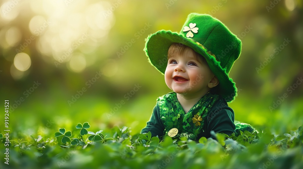 Happy cute baby boy in vibrant St. Patrick's Day green costume, shamrock gold coin garden landscape background. Creative child Happy cute baby boy in vibrant St. Patrick's Day green costume, shamrock gold coin garden landscape background. Creative child