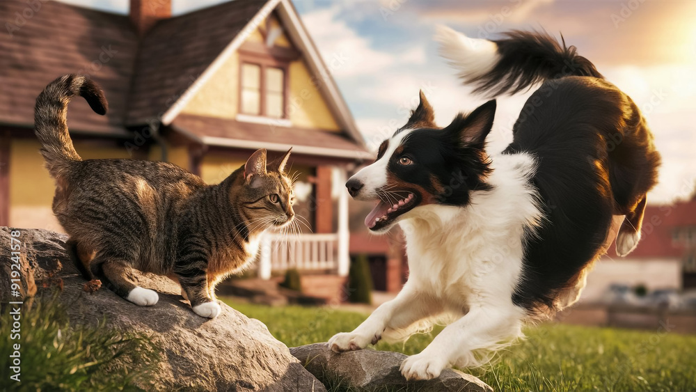Obraz premium Cat and dog looking in the camera on a white background