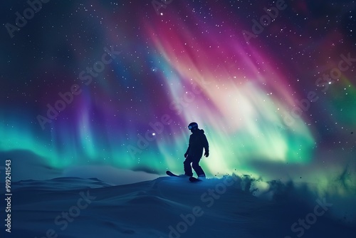 A snowboarder enjoying a peaceful ride under the northern lights