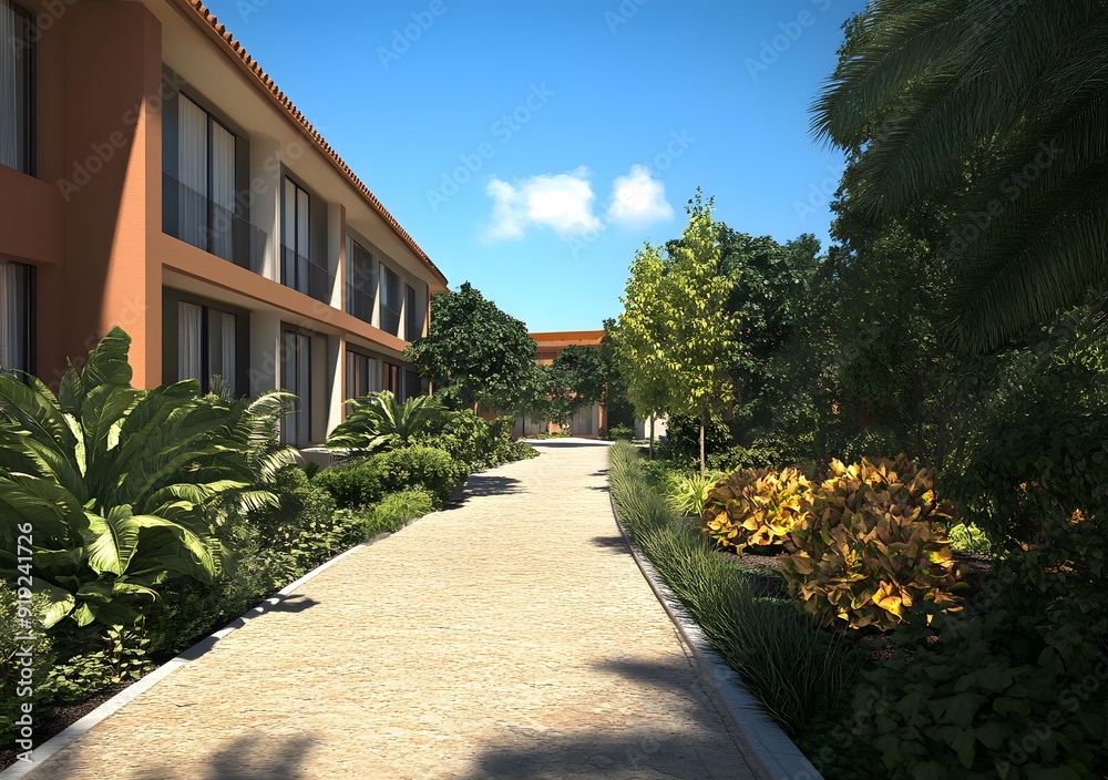 Fototapeta premium Tropical Resort Courtyard with Stone Path and Lush Greenery