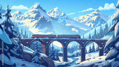 Train on Bridge in Mountain Winter Cartoon Landscape Environment Illustration Snowy Mountains Bridge Scenic View Winter Wonderland Railroad Adventure Setting