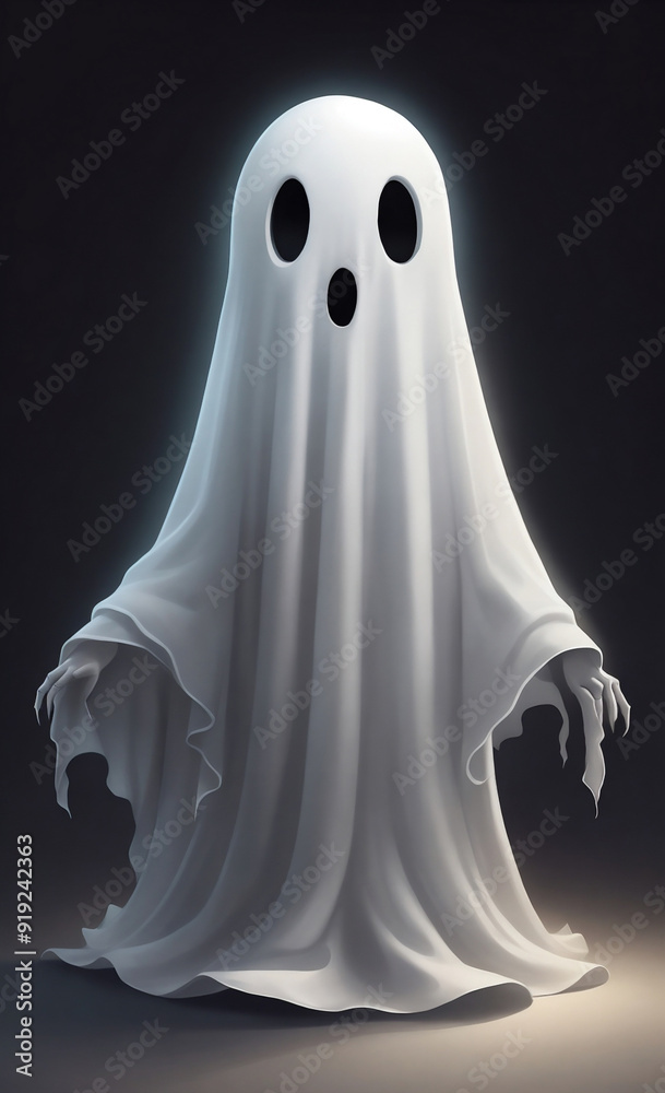 A central character draped in a ghost costume with large eyes A central character draped in a ghost costume with large eyes