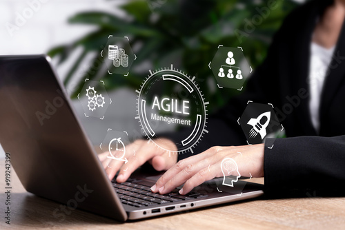 Agile software development, project management concept, Businesswomen use the laptop for Software Development lifecycle, Process, workflow, visual organization tools, Business, Technology