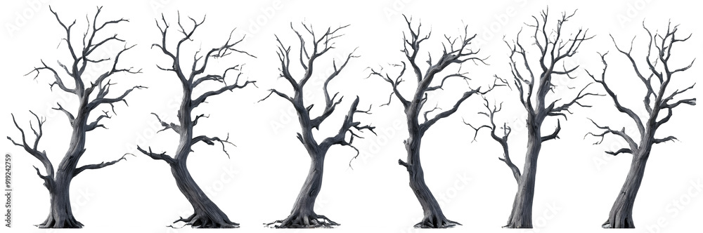 A high-resolution illustration of several dead trees, each depicted in different shapes and forms, isolated on a transparent background. A high-resolution illustration of several dead trees, each depicted in different shapes and forms, isolated on a transparent background.