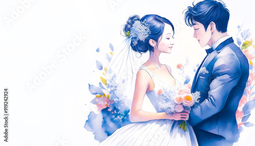 結婚,ウエディング,新郎新婦の水彩画のイラスト,Generative AI,AI画像