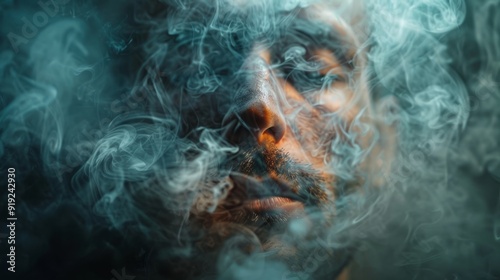 A man with a contemplative expression surrounded by swirling smoke in a dimly lit setting