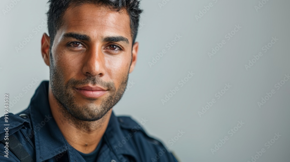 Police officer posing for a portrait in uniform indoors during daylight Police officer posing for a portrait in uniform indoors during daylight