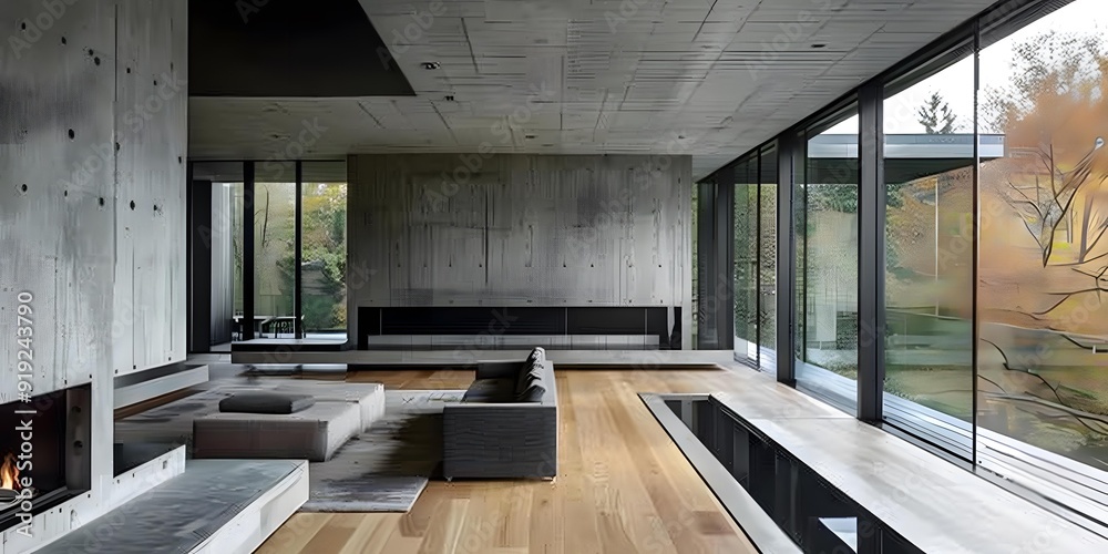 Fototapeta premium Modern Concrete Home Interior Design With Large Windows