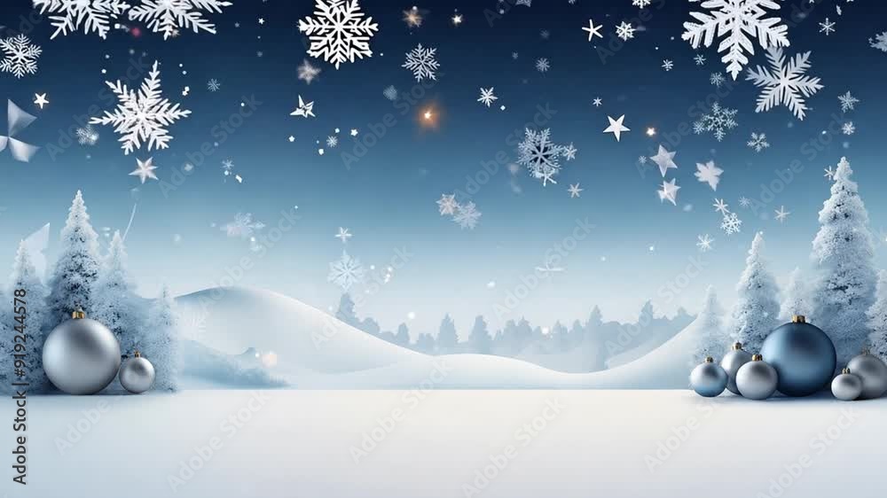 Christmas and New Year holidays background. Blue glass balls hang on a ribbon on a light blue background with snowflakes, copy space for text. Christmas and New Year holidays concept