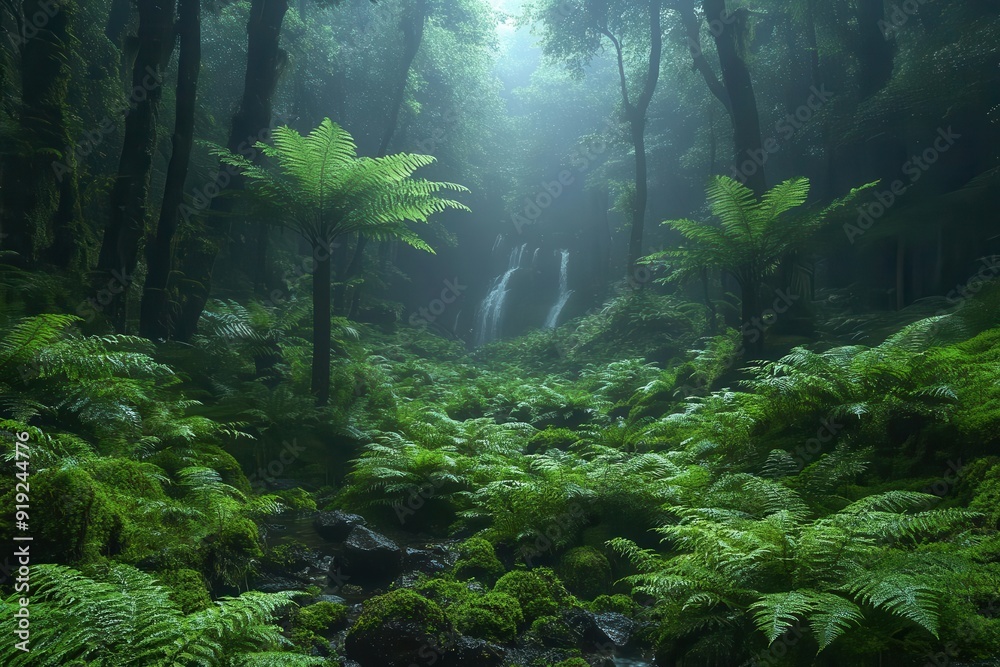 misty primordial rainforest scene with ancient ferns bioluminescent fungi hidden waterfall and ethereal fog swirling around mosscovered trees misty primordial rainforest scene with ancient ferns bioluminescent fungi hidden waterfall and ethereal fog swirling around mosscovered trees