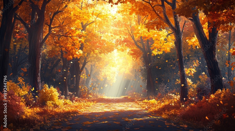 Sunlit Path Through Autumnal Forest with Falling Leaves Sunlit Path Through Autumnal Forest with Falling Leaves
