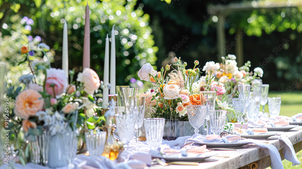 Beautifully set table for a garden party, adorned tablescape with vibrant floral arrangements, under the shade of blossoming rose bushes, inviting a sense of elegance and natural charm Beautifully set table for a garden party, adorned tablescape with vibrant floral arrangements, under the shade of blossoming rose bushes, inviting a sense of elegance and natural charm