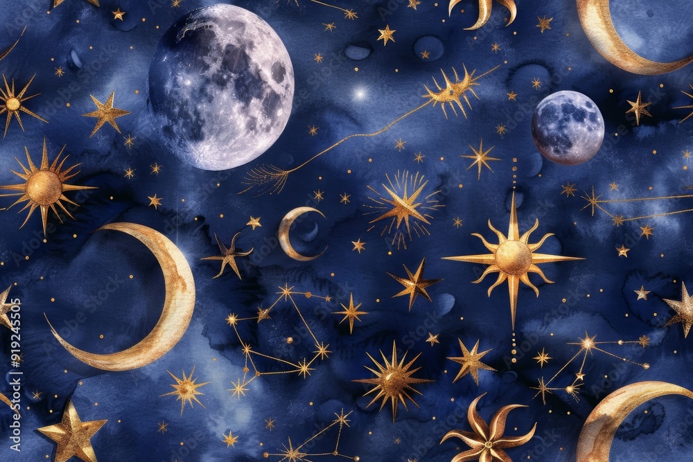 Seamless celestial symbols featuring sun and moon motifs are rendered in ethereal watercolor patterns. Seamless celestial symbols featuring sun and moon motifs are rendered in ethereal watercolor patterns.