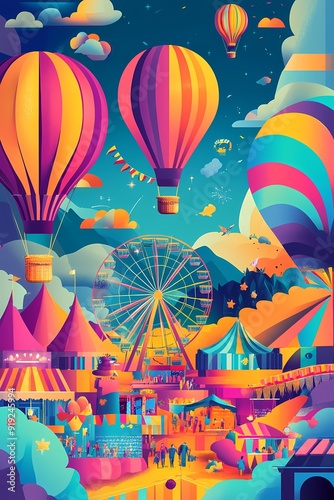 Colorful hot air balloons float above a bustling carnival with a ferris wheel, tents, and people.