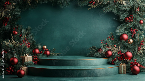 3d luxury podium christmas decoration and space for your luxury product. Christmas background concept. Generative AI.