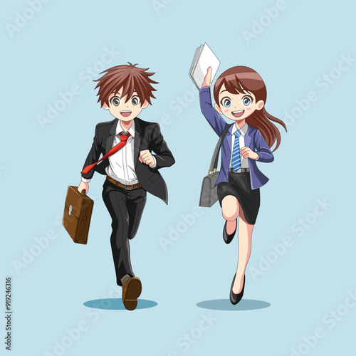 Chibi businessman and woman running