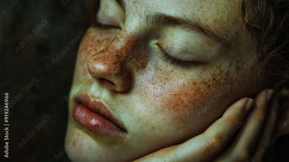 Fototapeta premium A woman with red hair and freckles is sleeping