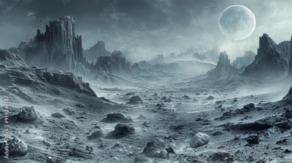 Desolate lunar landscape with towering mountains and a bright moon at night Desolate lunar landscape with towering mountains and a bright moon at night