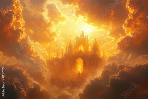 mythical olympus scene diverse god pantheon swirling clouds golden architecture divine auras epic scale ethereal lighting celestial details