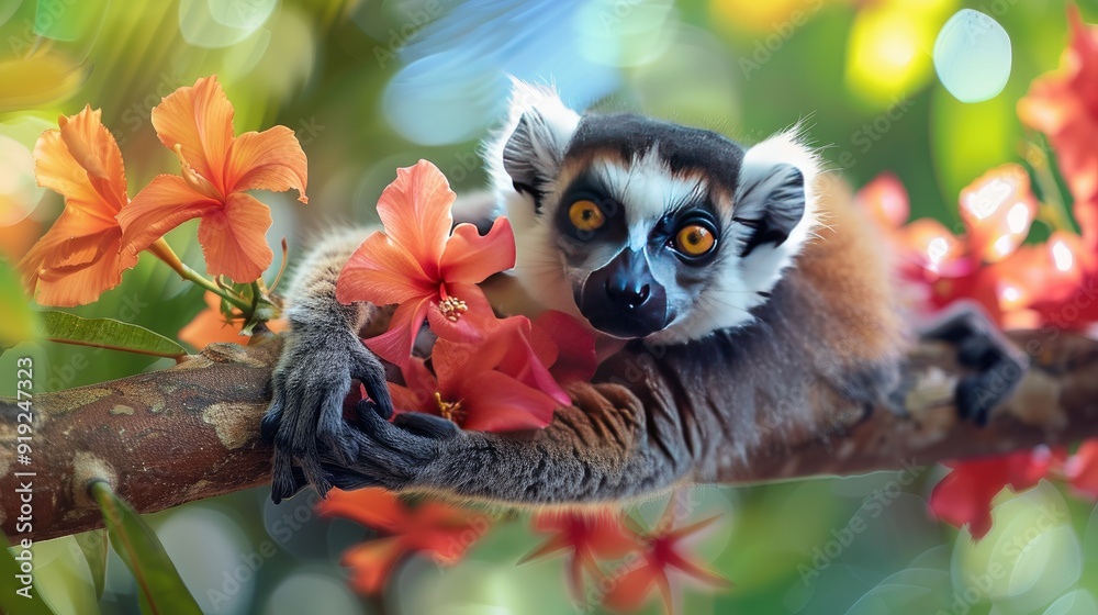A lemur perched on a branch surrounded by vibrant orange flowers under soft sunlight, showcasing nature's beauty and wildlife. A lemur perched on a branch surrounded by vibrant orange flowers under soft sunlight, showcasing nature's beauty and wildlife.