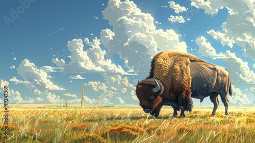 A majestic bison grazes peacefully in a vast, sunlit meadow under a bright blue sky with fluffy clouds. photo